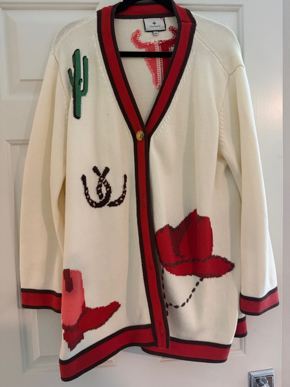 Tuckernuck Cream Cardigan with Red Trim and Western Motif